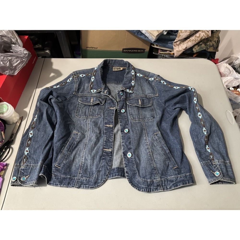 Ethyl Vintage Denim Women's‎ Size L Embellished Beaded Southwestern Jean Jacket